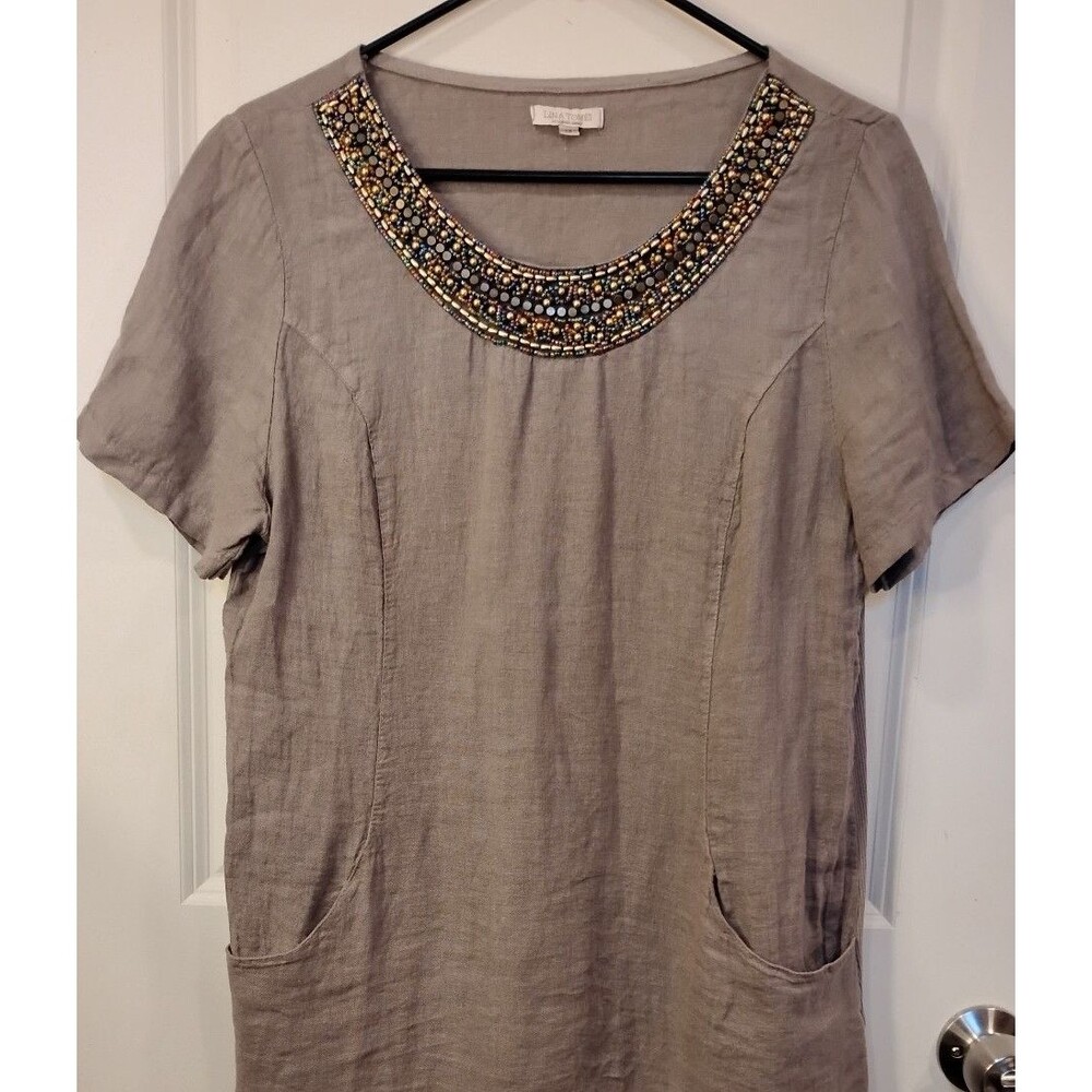 Women's Lina Tomei 100% Linen Beaded Neckline Shift Dress Italy Taupe Medium